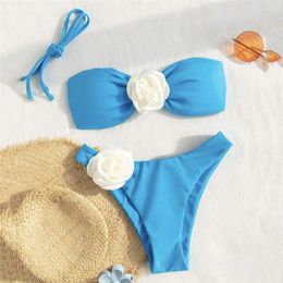 Women's Swimwear Bikini Set Sexy Blue 3D Flower Bandeaus 2024 Mujer Swimsuits Women Back Kontted Bathing Suit Thong Biquinis