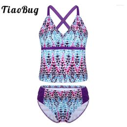 Women's Swimwear TiaoBug Kids Teens Two-piece Tankini Swimsuit Children Girls Colorful Digital Printed Swim Tops Briefs Bikini Set Bathing