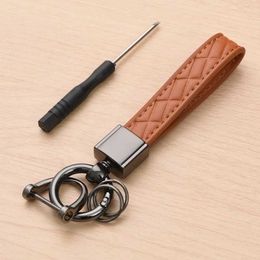 Keychains Lanyards 5 Colours Luxury Genuine Leather Plaid Keychain Women Men Black Buckle Car Key Ring Chain Holder Jewellery Gift Chaveiro Q240429