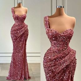 Pink Evening One Shoulder Formal Sexy Sequins Mermaid Party Prom Dress Pleats Thigh Slit Dresses For Special Ocn es