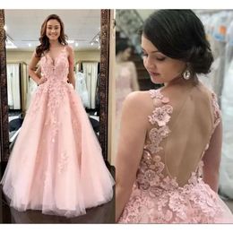 Prom Gorgeous ärmlösa rosa klänningar med 3D -blommig applikation Illusion Tulle golvlängd Spetsanpassad gjord plus storlek kväll festboll klänningar vestido 403