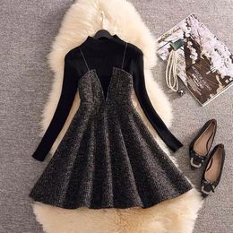 Casual Dresses Streetwear Two Piece Set Dress Women Autumn Winter Spaghetti Strap Woollen Mini Sundress Vestidos