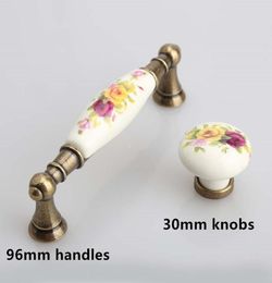 96mm peony porcelain pull handle rural ceramic drawer cabinet knobs bronze dresser retro fashion furniture handles knob3685528