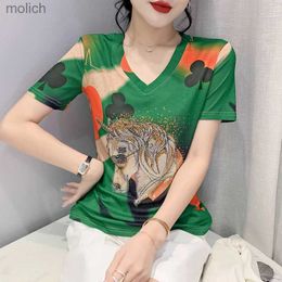 Women's T-Shirt Summer European Loose S-4XL T-shirt Fashionable and Sexy V-neck Sparkling Diamond Peach Horse Womens Top Short Sleeve T-shirt 948WX