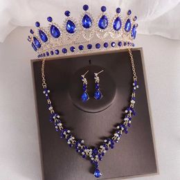 Tiaras Korean Elegant Rhinsetone Crown For Women Wedding Baroque Bridal Blue Red Crystal Tiaras Necklace Earrings Jewellery Sets