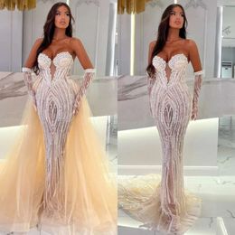 Evening Mermaid With Elegant Crystal Dresses Gorgeous Detachable Train Illusion Sweetheart Beaded Prom Dress Formal Dresses For Women