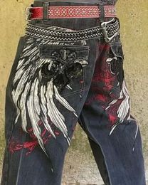 Y2K Jeans Men Harajuku Retro Gothic Wing Embroidery Baggy Jeans Vintage Jeans Punk Hip Hop Gothic Wide Leg Pants Street Wear 240424