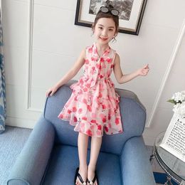 Barn flickor ärmlös klänning Sommarklänning 2024 Baby Super Fairy Floral Chiffon Girl Princess Dress 2 4 5 10 12 år gammal 240416