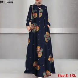 Ethnic Clothing Muslim Fashion Abayas For Women 2024 Vintage Floral Print Shirt Dress Casual Cotton Linen Maxi Dubai Kaftan Robe Femme