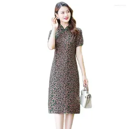 Party Dresses Mom Summer Short-sleeved Printed Cheongsam Skirt Fashion Loose Slim Dress Middle-aged And Elderly Womens Split Casual