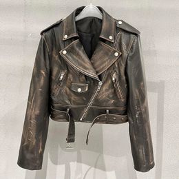 100% Natural Sheepskin Jacket Top Chic Zip Belt Lapel Retro Genuine Leather Jackets Women Trendy Loose Motorcycle Coat Outwear 240423