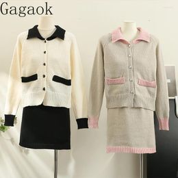 Work Dresses Gagaok Two Piece Set Women 2024 Autumn Winter Streetwear Gentle Sweet Suits Contrast Colour Lapel Button Knit Cardigan Skirt