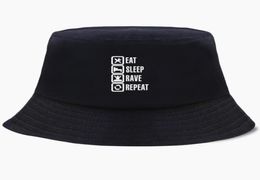 Berets Eat Sleep Rave Repeat Bob Bucket Hats Summer Mens Panama Women Fisherman Hat Cotton Korean Black Caps Hip Hop Beach Print C9248527
