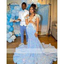 Long Dimonds Sky Blue Prom Dresses Mermaid Sparkly Rhinestones Crystals Feathers Sequins For Black Girls Birthday Party Gown 0431