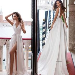 Sexy Cheap Simple A-Line Dresses Deep V Neck High Side Split Bridal Gowns Sweep Train Satin Backless Wedding Dress Vestidos 0430