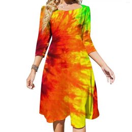 Casual Dresses Red Yellow Tie Dye Dress Summer Abstract Retro Style Pretty Women Three Quarter Streetwear Graphic Oversize