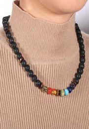 Women Men Natural Stone 7 Chakras Tiger Eye Stone Lava Rock Beads Necklace Alloy Buddha Head Charm Choker Neck Chain Jewelry5477856596674