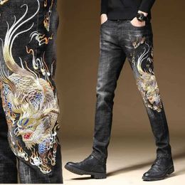 Men's Jeans High quality mens slim fit elastic jeans fashionable embroidered decorative scratch casual pants fashionable and sexy street jeans WX