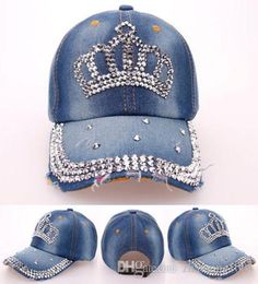 Fashion Korean Rhinestone Bling Crown Caps Adjustable Washed Denim Baseball Caps Women Cowboy Hats Fancy Summer Headwear Ladies Su3160831