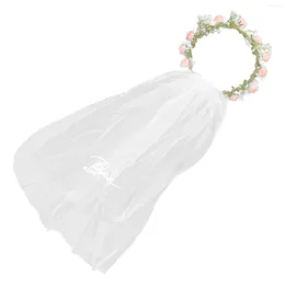 Bridal Veils Floral Veil Garland Flower Crown For Wedding Props Headband Pink Wreath Bride