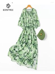 Casual Dresses BirdTree 93%Real Silk Elegant Women Lantern Sleeve Printed Literature Beach Vacation Dress 2024 Summer D44810QC