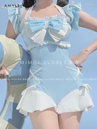 Women's Swimwear 2024 Summer Lolita Bow Sweet Girl Swimsuit One Piece Japanese Cute Patchwork Cross Slim Y2K Swimming Suit