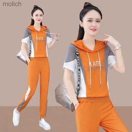 Women's T-Shirt Womens Set 2022 Spring/Summer New 2-piece Set Hooded Short Sleeve Cropped Top Casual Pants Athletic Clothing Korean Fashion ClothingWX