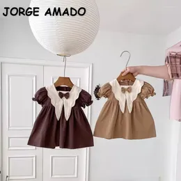Girl Dresses Summer Baby Dress Short Puff Sleeves Young Children Doll Neck Retro Turn-down Collar Bow Princess A600