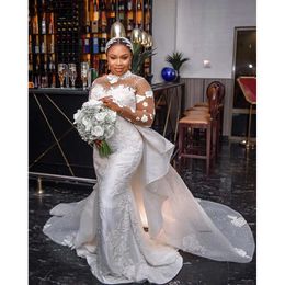 2024 Arabic Aso Ebi Plus Size White Lace Beaded Wedding Dress Detachable Train Sheer Neck Bridal Gowns Dresses 0431