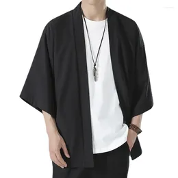 Ethnic Clothing Summer Men's Lightweight Kimonos Traditional Japanese Male Open Front Cardigan Cloak Haori Yukata Jacket Coat Black