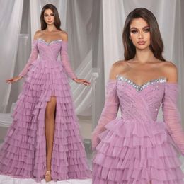 Abgestufter Abend Glitzer fabelhafter Nacken elegante Perlen eine Linie Prom -Kleid von Schulter Langarm Kleidern für spezielle OCNs Split Robe de Soiree Es