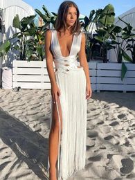 Cover Up Maxi Dress Women Swimsuit Side Lace Split Robes Summer Hollow Out Tassel Swimwear Sexy Bikini Ups