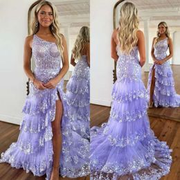 Sequins Elegant Dresses Lavender One Prom Lace Shoulder Evening Dress Tiered Skirt Backless Split Formal Long Special Ocn Party Dress