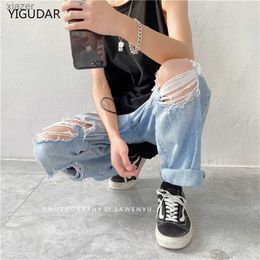 Men's Jeans Mens jeans wide leg straight jeans S-3XL torn hole street wearing matching denim mens loose fitting casual fashion Harajuku new style WX