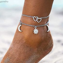Anklets Double layered chain heart-shaped moon sun gold and silver Coloured ankles suitable for womens summer barefoot sandals leg Jewellery WX
