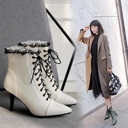 Casual Shoes 2024 Autumn/Winter Fashion White Pointed Toe Women's Ankle Boots Lady Lace Stitching Stiletto High Heels Ladies Pumps