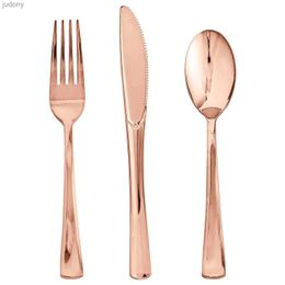Disposable Plastic Tableware 75 piece rose gold disposable tableware set - disposable plastic rose gold tableware - includes 25 forks 25 spoons and 25 knives WX