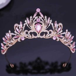 Tiaras Elegant Korean AB Pink Red Crystal Tiara Crown Women Girls Party Wedding Princess Rhinestone Bridal Crown Hair Jewellery