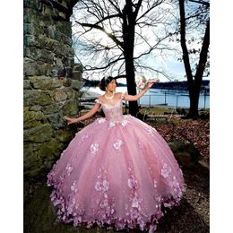 Quinceanera Ball Gown Pink Princess Dresses 3D Flowers Applique Pearls Sweet 16 Dress Birthday Vestidos De 15 Anos Lace-Up 322