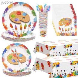 Disposable Plastic Tableware 122Pcs 24 Painting Theme Party Table Software Kit Board Cup Napkins Fork Table Cloth Birthday Party Colorful Graffiti Decoration WX