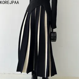 Skirts Korejpaa Colour Matching Long Women Knitwear 2024 Autumn Winter Simple Retro Pleated Skirt Elegant High Waist Knit Bottoms