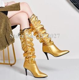 Boots Design Stiletto Heel Pleated Knee High Women Fashion Poined Toe Black Gold Silver White Leather Ladies Long