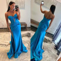 Klänning split blå sjöjungfru älskling cyan prom formell kväll elegant nyckelhål veck festklänningar för speciella OCNS promdress es klänning