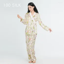 Women's Sleepwear Lady Chinese Style Pyjamas Set Homewear Silk Long Sleeve Nightwear Print Flower Pyjamas 2Pcs Outfit 19Mm