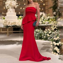 Strapless Mermaid Evening Dresses Long Prom Dress Red Crepe Formal Party Gown with Train