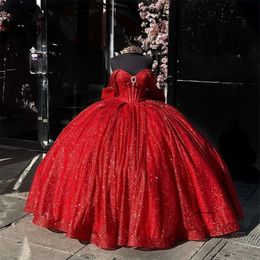 Mexico Red Off The Shoulder Gown Quinceanera Dress For Girls Ball Beaded Crystal Birthday Party Gowns Bow Robe De Bal 0431