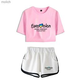 Women's T-Shirt 2023 European Song Contest 2023 Short sleeved Set European TV 2023 Navy Blue T-shirt Set Girls Shorts Two Piece Set SWX