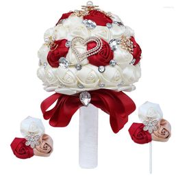 Decorative Flowers Hand Made 20cm Silk Rose Bouquet Wedding With Heart Rhinestone And Crystals Artificial Holding Set