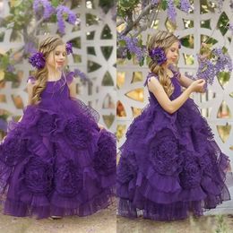 Floral Sleeveless Ruffle Purple Dresses Scoop Girls A Line Flower Girl Host Birthday Dress