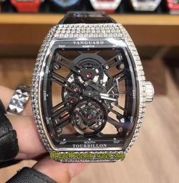 New Saratoge Vanguard V 45 T SQT BR NR Hollow Skeleton Dial Miyota Automatic Mens Watch Silvery Diamonds Case Leather Strap Spor1100424